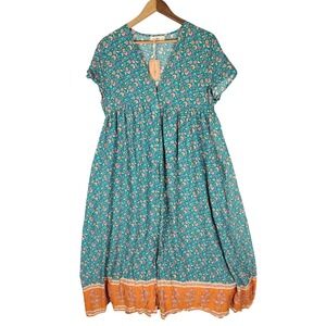 Natural Life Maxi Dress L/XL Teal Floral Button Front Short Sleeve  Boho NWT